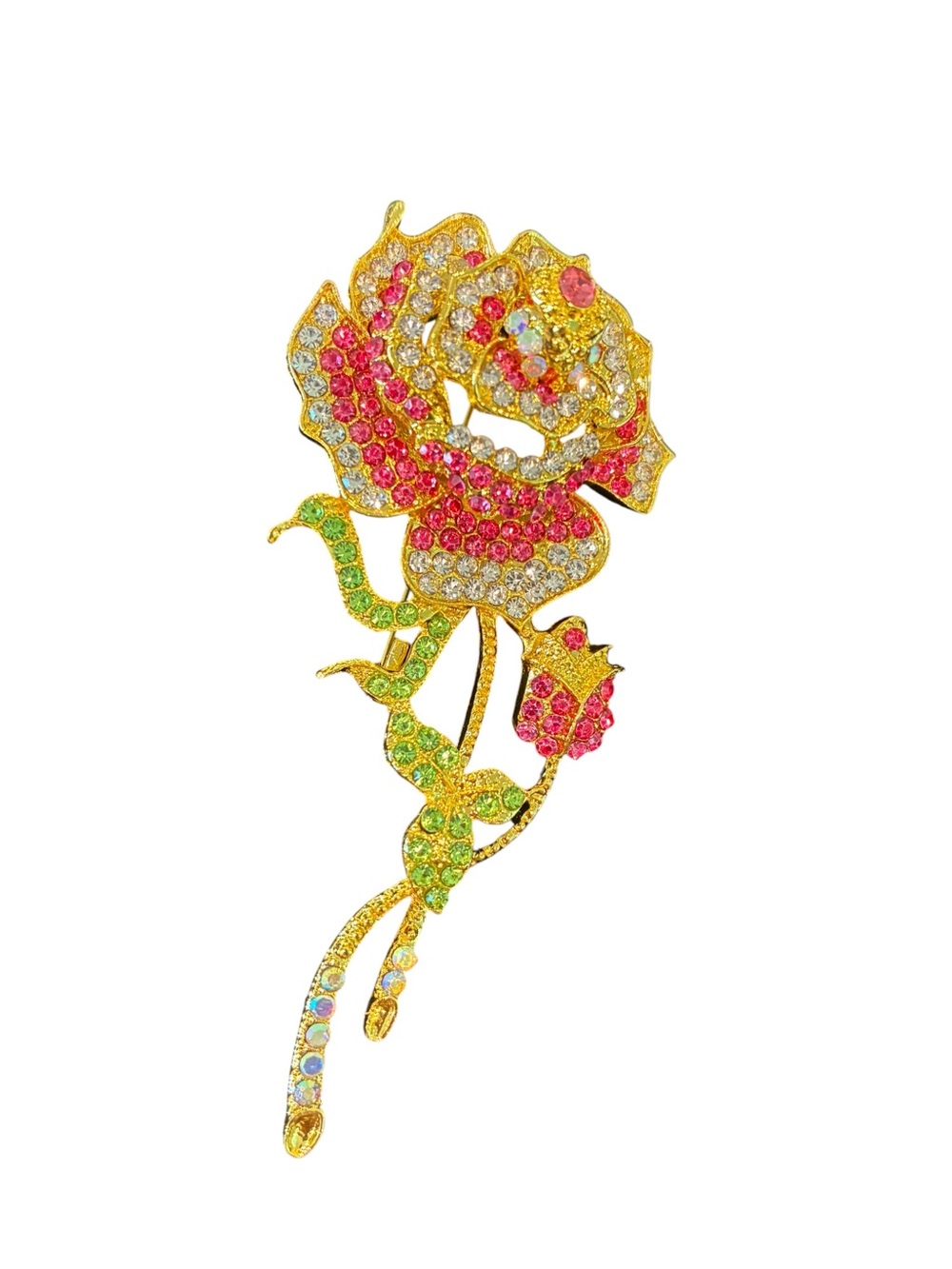 Gold-Tone Pink Crystal Rose Brooch - Elegant Floral Jewelry